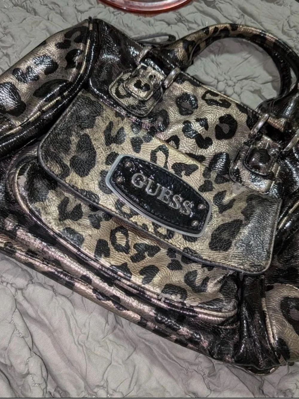 GUESS Metallic Leopard Satchel - Black and Gold